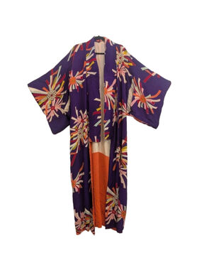 Vintage Japanese Silk Kimono Robe Purple Shibori Floral Hand Stitched Long Dress